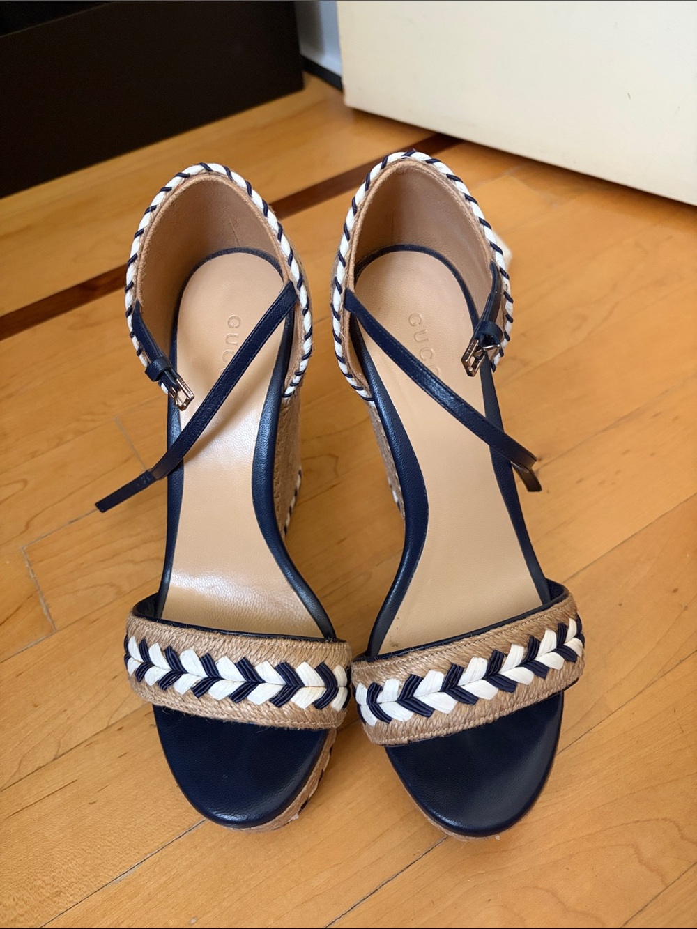 Gucci Navy and Tan Braided Espadrille Wedge Sandals - Picture 1 of 14